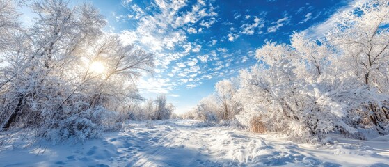 Winter wonderland landscape with snow-covered trees and bright blue sky
