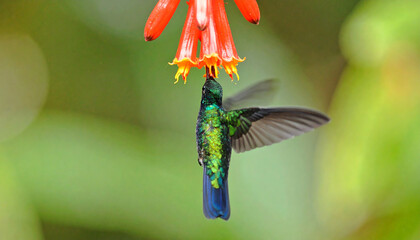 Hummingbird's Delight Capturing a vibrant hummingbird feeding on a bright red flower