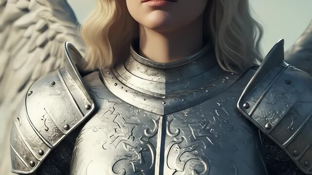 Detailed shot of an angel warrior woman in shining, ornamented plate armor