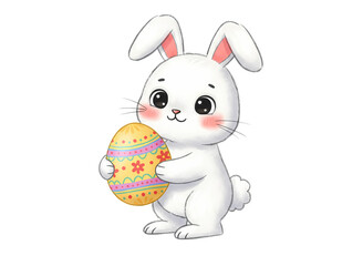 Obraz premium Cute white easter bunny holding a colorful decorated egg isolated on transparent background