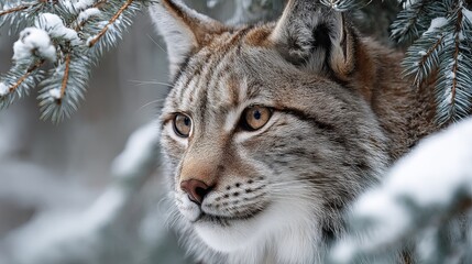 Fototapeta premium A close-up of a majestic lynx in a snow-covered forest, showcasing its sharp features and keen gaze.