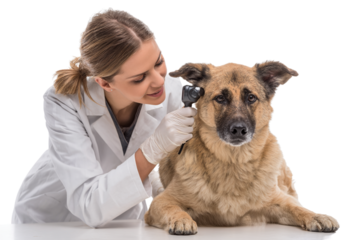 Vet Gently Examining Calm Dog’s Ear with Otoscope, Friendly Interaction, Angled Side View, Isolated on Transparent Background