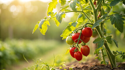 Ripe Tomato plant in field, Tomato on tree in field in natural warm sunlight background