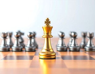 Golden chess king stands before a line of silver pieces on a wooden board