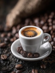 Fototapeta premium Espresso in a white cup, surrounded by coffee beans
