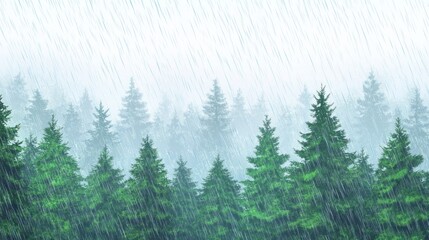 Fototapeta premium Rainy Forest, a Serene and Misty Evergreen Coniferous Forest Under a Heavy Downpour