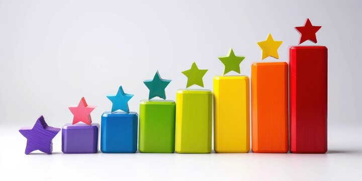 A colorful, abstract art piece featuring a rainbow of stars and bars, with a gradient of colors from purple to red, set against a white background