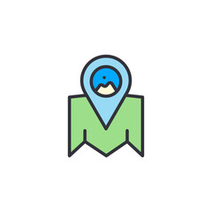 A simplified, cartoon-style illustration of a map pin with a landscape icon inside, placed over a green.