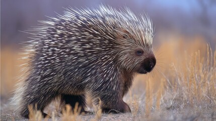A porcupine walks through a golden grassy landscape, showcasing its striking quills.