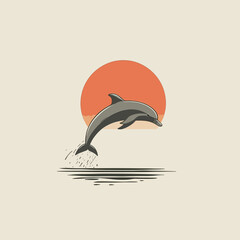 Leaping Dolphin Silhouette Against a Retro Sunset Over Stylized Ocean Waves