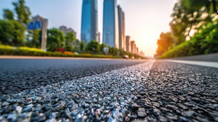 Urban street, asphalt close-up. Cityscape in background