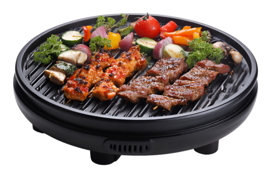 Delicious grilled meat and vegetable skewers on electric grill