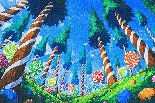 FLORESTA DE DOCES: PERSPECTIVA ASCENDENTE DE &Aacute;RVORES DE PIRULITO E BALAS