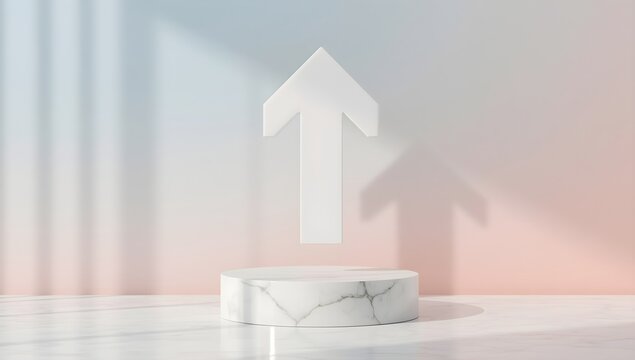A white arrow shape stands tall on a marble pedestal casting a shadow against a soft pastel background with striped light - Powered by Adobe