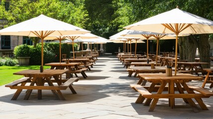 Sunny Outdoor Cafe with Wooden Picnic Tables and White Umbrellas