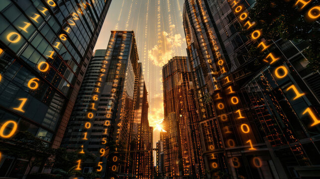 Cascading binary numbers flow down glass skyscraper, reflecting warm glow of sunset. urban landscape is filled with modern architecture, creating vibrant and dynamic atmosphere