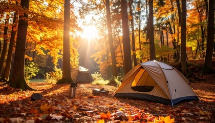 紅葉している森の中でテントを張ってキャンプをしている風景