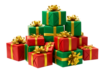 Stack of red and green christmas gift boxes with gold bows isolated on transparent background