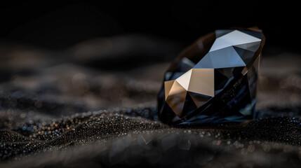 Close up of sparkling blue gemstone resting on textured black surface, showcasing its brilliant facets and reflections. image evokes sense of luxury and elegance