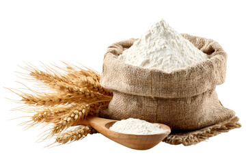 Wheat Flour in Burlap Sack with Wooden Spoon and Wheat