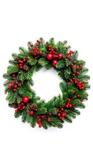 Lush green wreath adorned with red berries and pine cones, isolated on white
