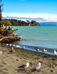 Lake shore with birds