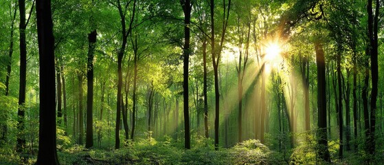 Fototapeta premium Lush forest bathed in golden sunlight