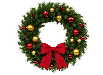 Festive christmas wreath with red bow and ornaments isolated on transparent background
