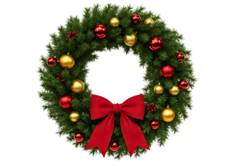 Festive christmas wreath with red bow and ornaments isolated on transparent background