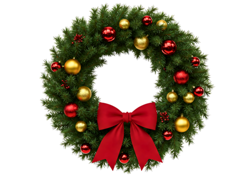 Festive christmas wreath with red bow and ornaments isolated on transparent background