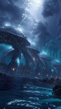 Underwater City at Night with Glowing Ships