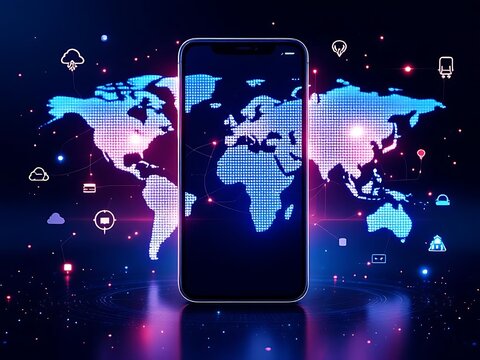 Global connectivity mobile technology world map network communication digital transformation concept on transparent background