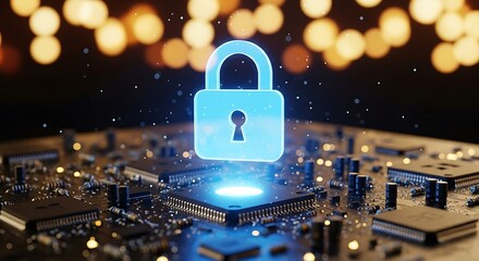 Digital security lock illuminates over advanced computer circuit board