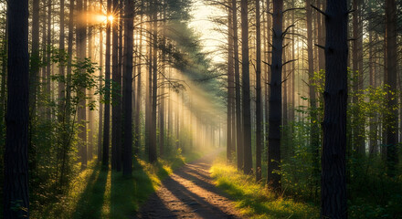 Obraz premium Sunbeams in Misty Pine Forest Path