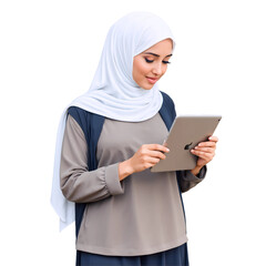 Smiling young Arabian businesswoman wearing glasses and a black hood holds a tablet computer