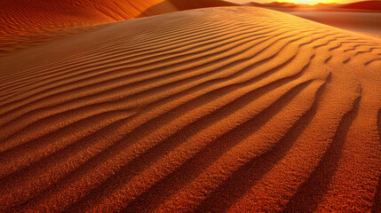 Fototapeta premium Golden sand dunes under sunset light create stunning landscape with rippled texture, evoking sense of tranquility and beauty in nature