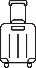 Simple line drawing icon of a modern rolling suitcase with a retractable handle and wheels