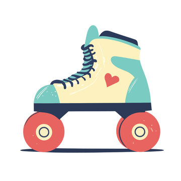 Retro Roller Skate with Red Heart Cream Boot Teal Accents and Dark Blue Laces