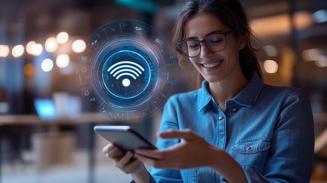 A futuristic WiFi booster projecting holographic signal strength