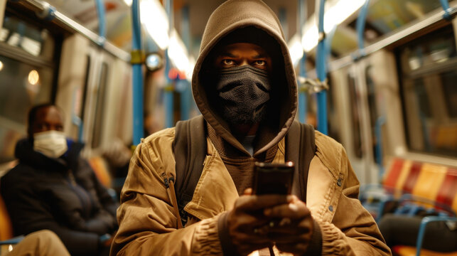 Person wearing hood and mask is focused on smartphone inside train. atmosphere is tense, with other passengers in background, highlighting urban life and technology use
