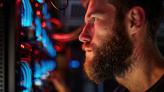 Focused individual working on server, surrounded by glowing blue and red lights, showcasing intensity of technology and cybersecurity. atmosphere conveys sense of urgency and expertise
