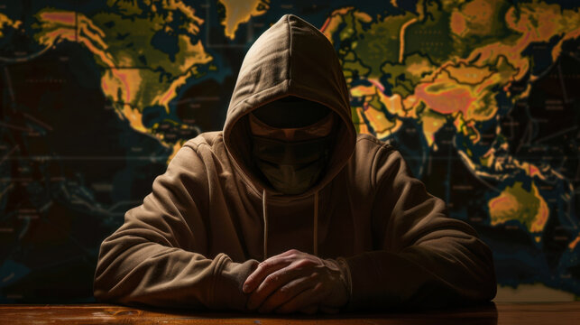 Mysterious figure in hoodie and mask sits at table, with world map in background. atmosphere conveys secrecy and intrigue, suggesting themes of hacking and global connectivity