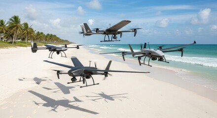 Advanced Hybrid VTOL Drone Squadron Hovering Over a Sunlit Tropical Beach