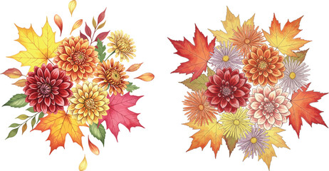 Obraz premium Watercolor Autumn Flowers and Maple Leaves - Fall Floral Bouquet Set