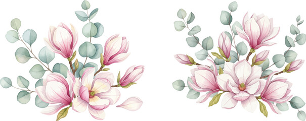 Obraz premium Watercolor Magnolia and Eucalyptus Bouquets - Elegant Floral Illustration Set