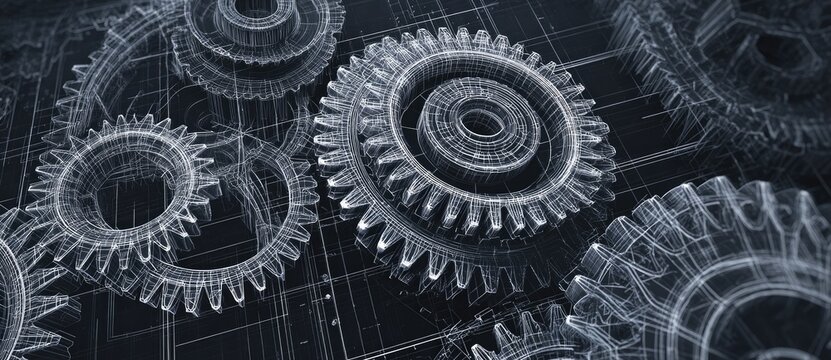 Abstract graphic of interconnected gears, wireframe style, on a blueprint background
