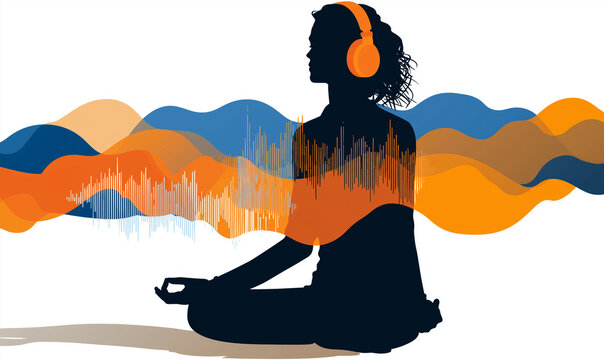 Silhouette of woman meditating with headphones and sound wave overlay art