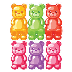 Fototapeta premium Six colorful gummy bears arranged in two rows each with a glossy cartoonish appearance