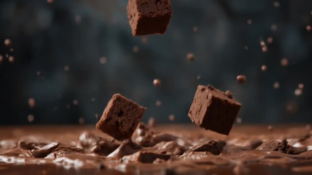 Captivating slow-motion of chocolate brownies falling into chocolate liquid creating splash effect