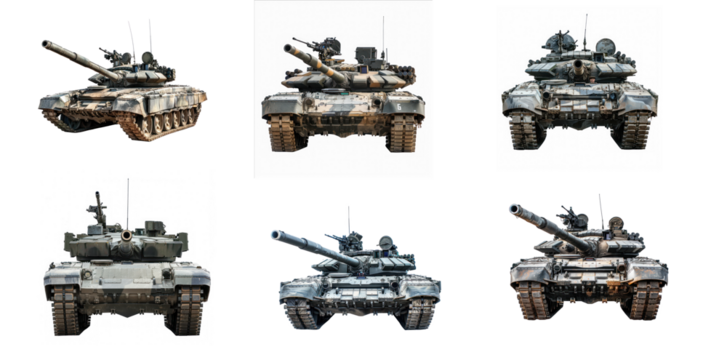 Six different views of a military tank, each with a different camouflage pattern.